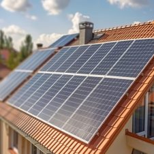 Toit de maison avec panneau solaire, électrique IA Toit de maison avec panneau solaire, électrique IA